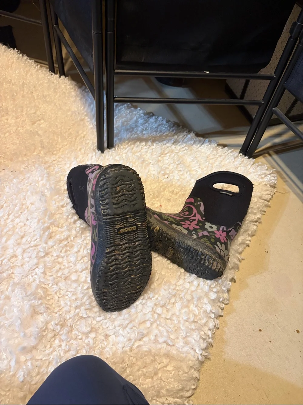 Bogs Women’s Black Floral Rain Boots with Pink & Green Accents